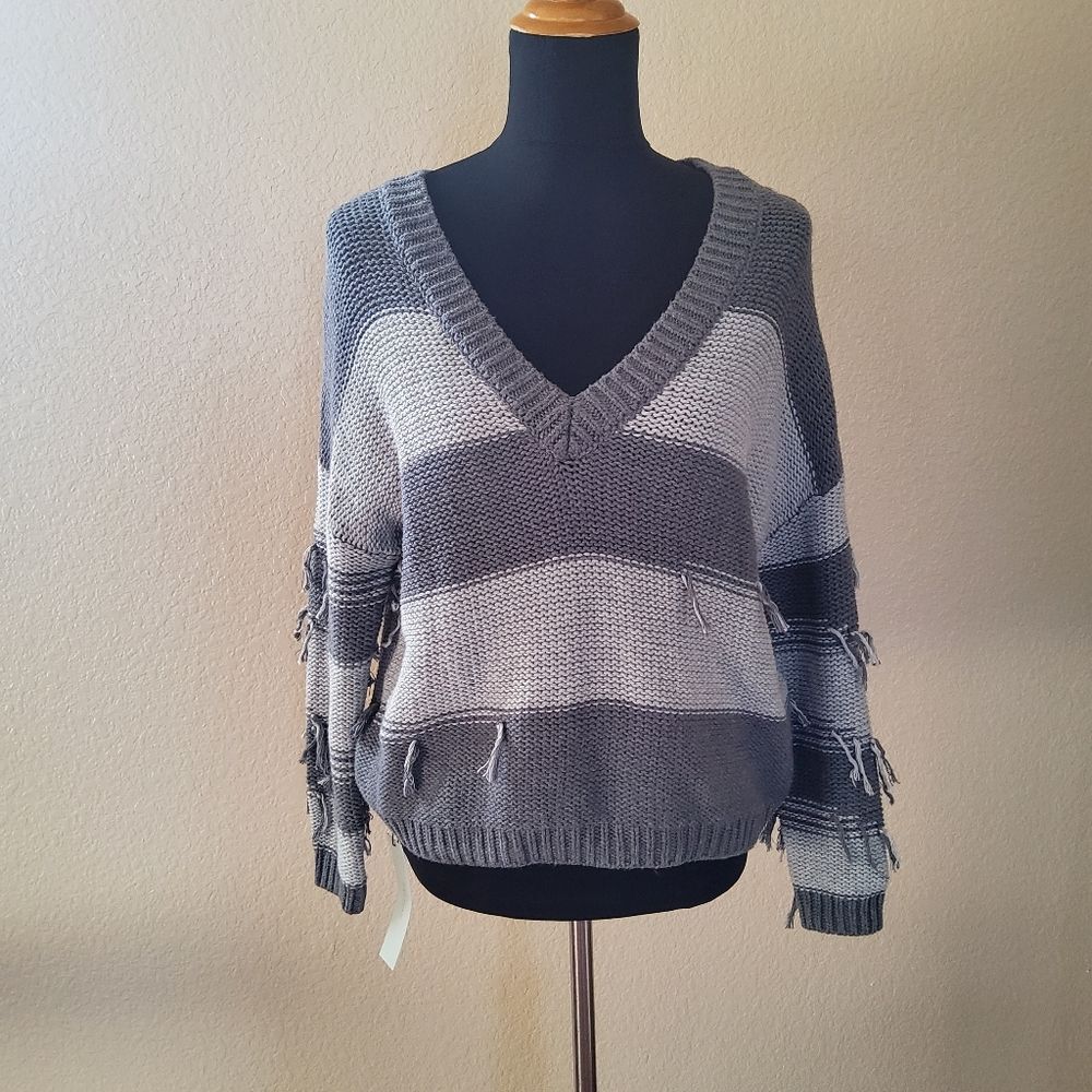 Revolve One Grey Day Chunky Cable Knit Striped Pullover Fringe Sweater XS Grey